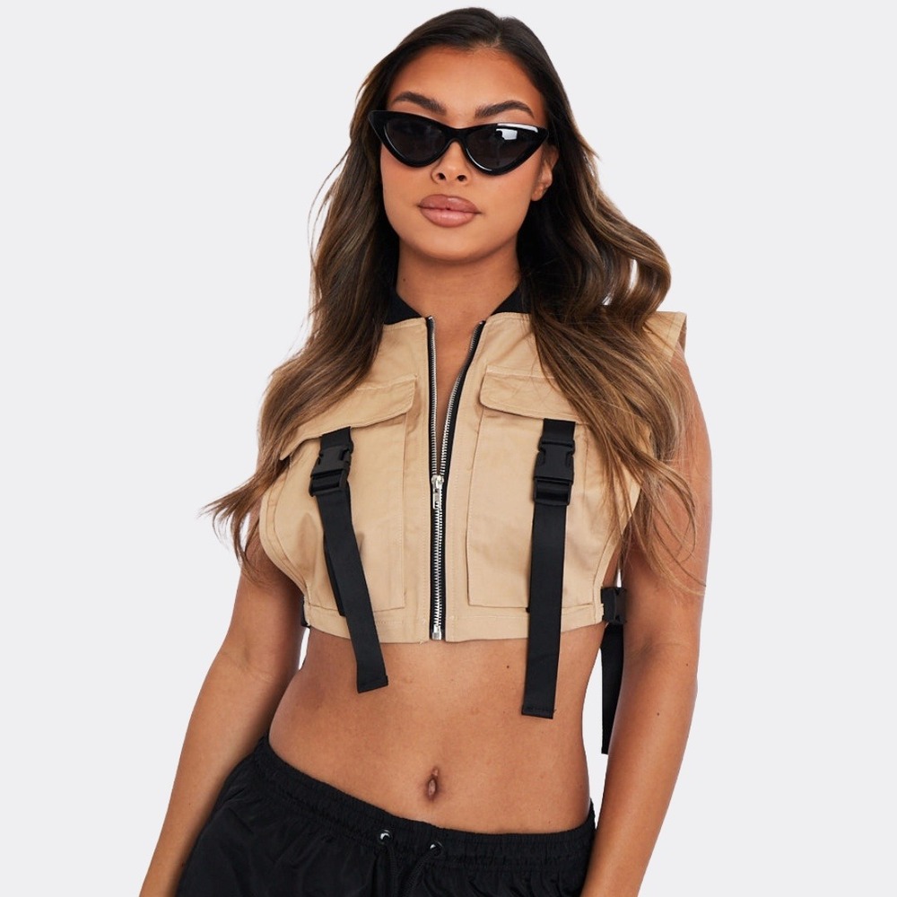 Tan Utility Cropped Cargo Vest Buckle Strap Techwear Gorpcore Streetwear Granola